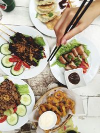 High angle view of food served on table