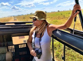 Side view of woman doing safari