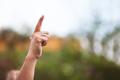 Close-up of hand holding leaf against blurred background