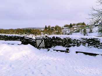 Snow covered field against sky