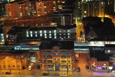 High angle view of illuminated city at night