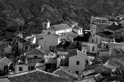 High angle view of buildings in village