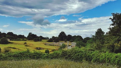 Scenic view of field against cloudy sky