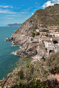 Scenic view of sea and buildings against sky
