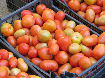 High angle view of oranges in crate at market stall