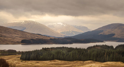 Scenic view of lake and mountains against sky