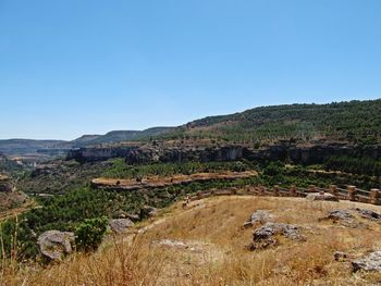 Scenic view of landscape against clear blue sky