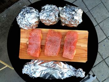 Directly above shot of salmon on cutting board