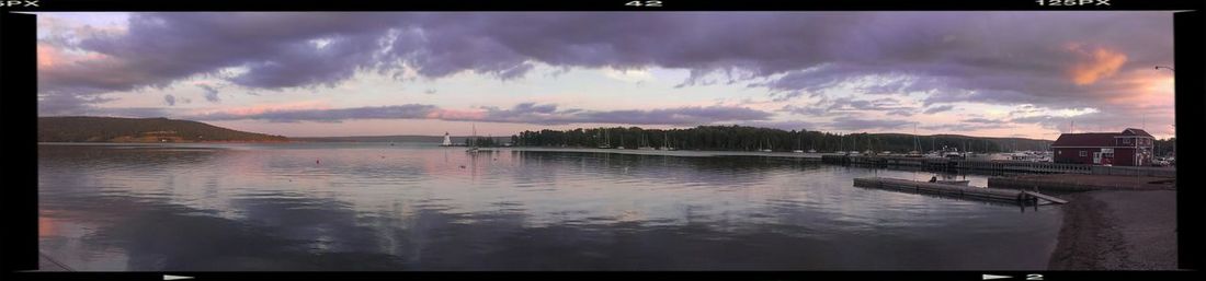 Scenic view of lake against cloudy sky