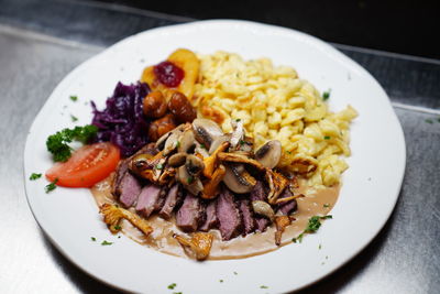 High angle view of breakfast served in plate