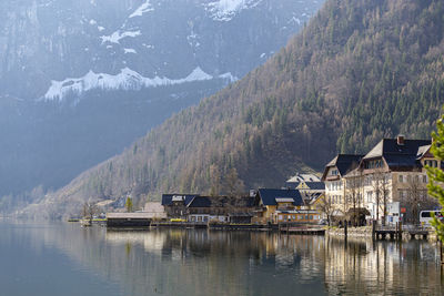 Scenic view of lake and buildings against mountains