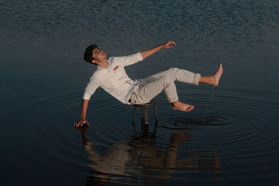 High angle view of woman in lake