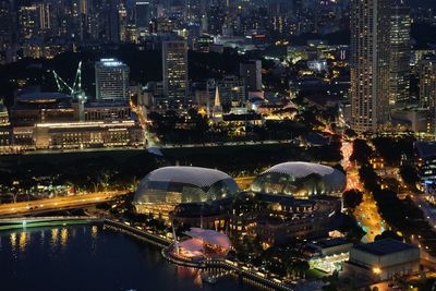 High angle view of illuminated buildings at night