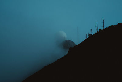 Scenic view of silhouette mountain against clear blue sky at night