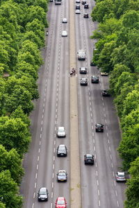 High angle view of vehicles on road in city