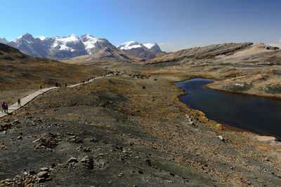 Scenic view of snowcapped mountains against blue sky