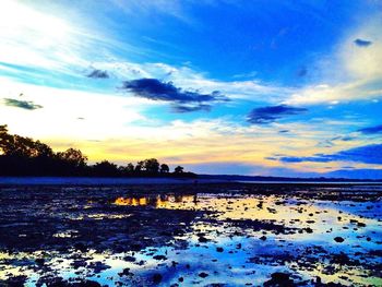 Scenic view of lake against sky at sunset