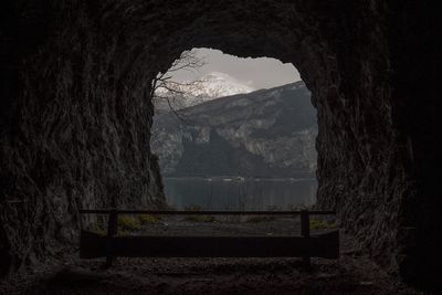 Scenic view of mountains against sky seen through arch