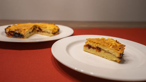 Close-up of cake served in plate on table