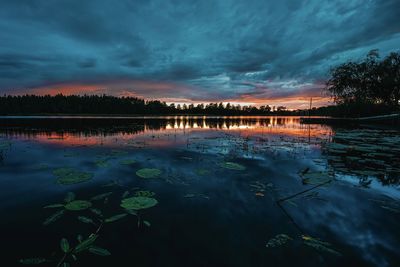 Scenic view of lake against sky at sunset