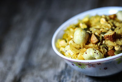 High angle view of noodles in bowl on table