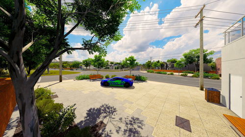 Cars on footpath by palm trees against sky