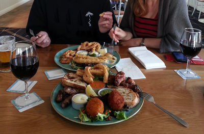 High angle view of food served on table