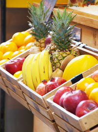 Close-up of fruits in wooden basket