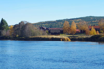 Scenic view of lake against clear blue sky