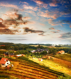 High angle view of agricultural field against sky