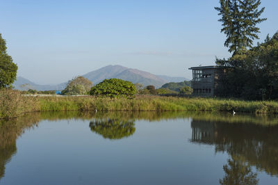 Reflection of trees in lake against sky