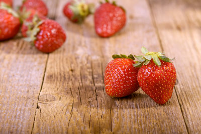 High angle view of strawberries on table