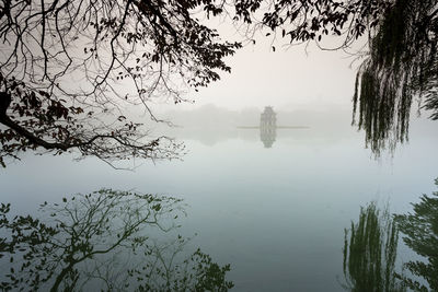 Reflection of trees in lake against sky