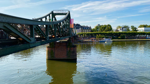 Bridge over river against sky in city