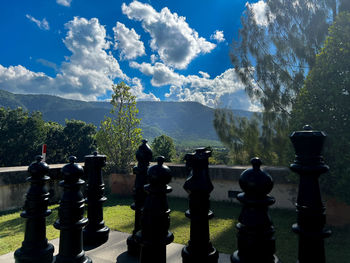 Panoramic view of plants and mountains against sky