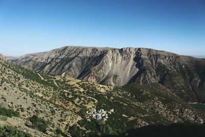 Scenic view of rocky mountains against clear sky