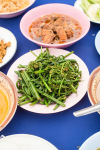 High angle view of food served on table