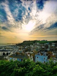 High angle view of townscape against sky at sunset