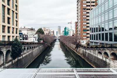 River water reflected buildings in tokyo, japan in wintertime