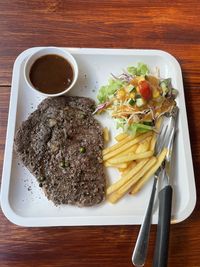 High angle view of food in plate on table