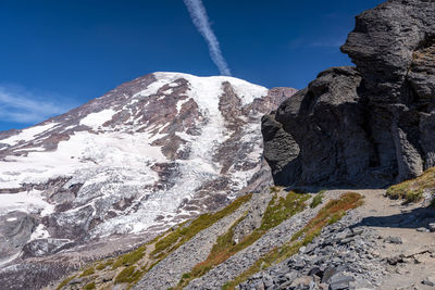 Low angle view of snowcapped mountain against sky