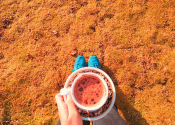 Low section of person having coffee in cup while standing on field