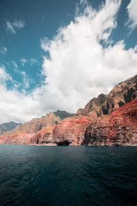 Scenic view of rock mountain by sea against sky