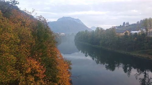 Scenic view of lake and mountains against sky