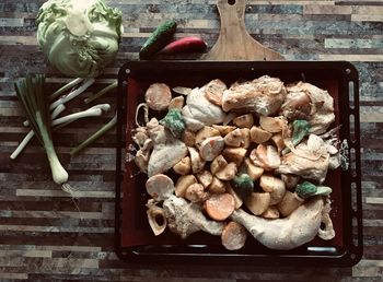 High angle view of mushrooms on table
