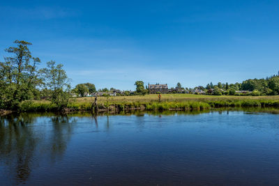 Scenic view of lake against blue sky