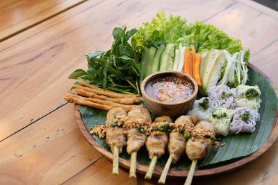 High angle view of food in plate on table