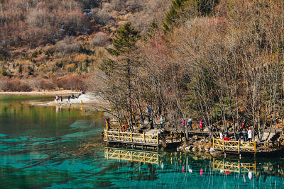 View of boats moored in lake