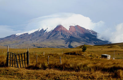 Scenic view of field and mountains against sky