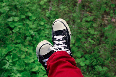 Low section of man standing on tree trunk